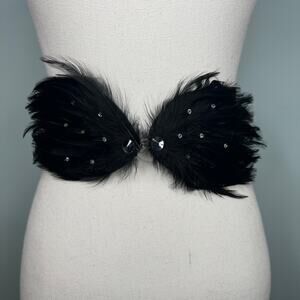 Vintage 90s Black Feather Rhinestone Belt Wide Stretch Cinch Size Medium Large